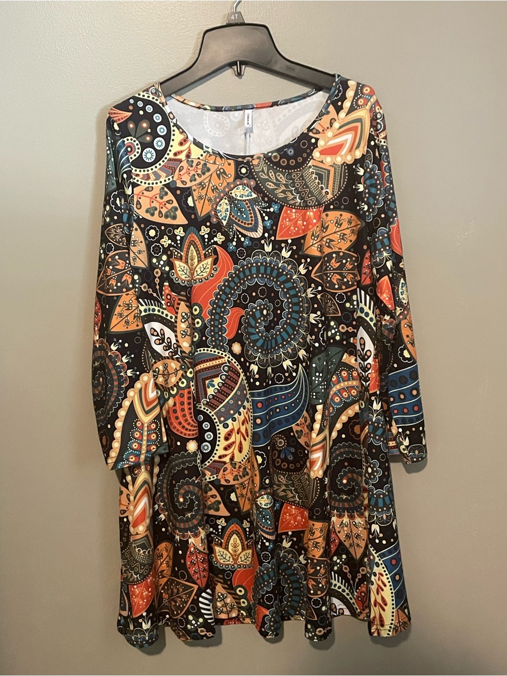 Black Paisley Long Sleeve Swing Dress with Multicolor Accents